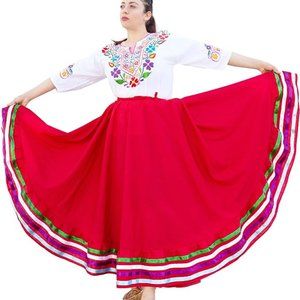 Red Authentic Folklorico Skirt by Mexican Artisans in Guerrero L/XL-Adjustable